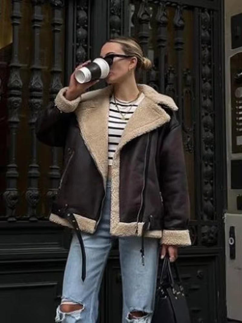 Fashion Faux Fur Jacket with Zipper Women Long Sleeve Double-Sided Jackets Warm Coat Female Casual Lapel Cold Coat