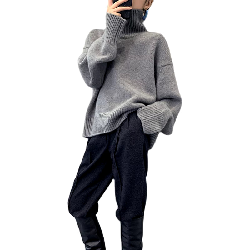 2023 Autumn Winter 100% Wool New Thicked Women High Neck Pullover Sweater Warm Loose Knitted Base Sweater Jacket Tops