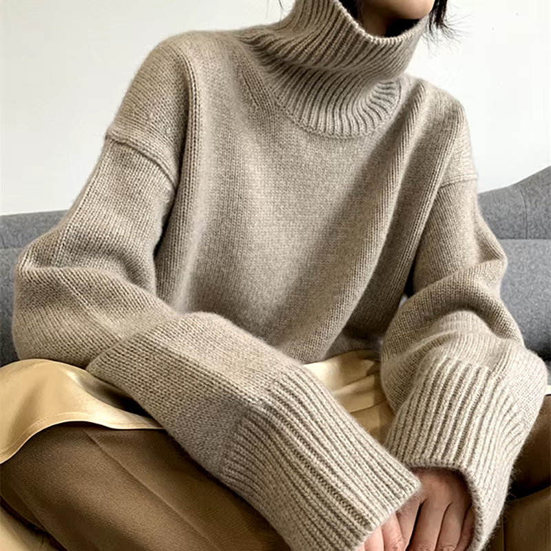 2023 Autumn Winter 100% Wool New Thicked Women High Neck Pullover Sweater Warm Loose Knitted Base Sweater Jacket Tops