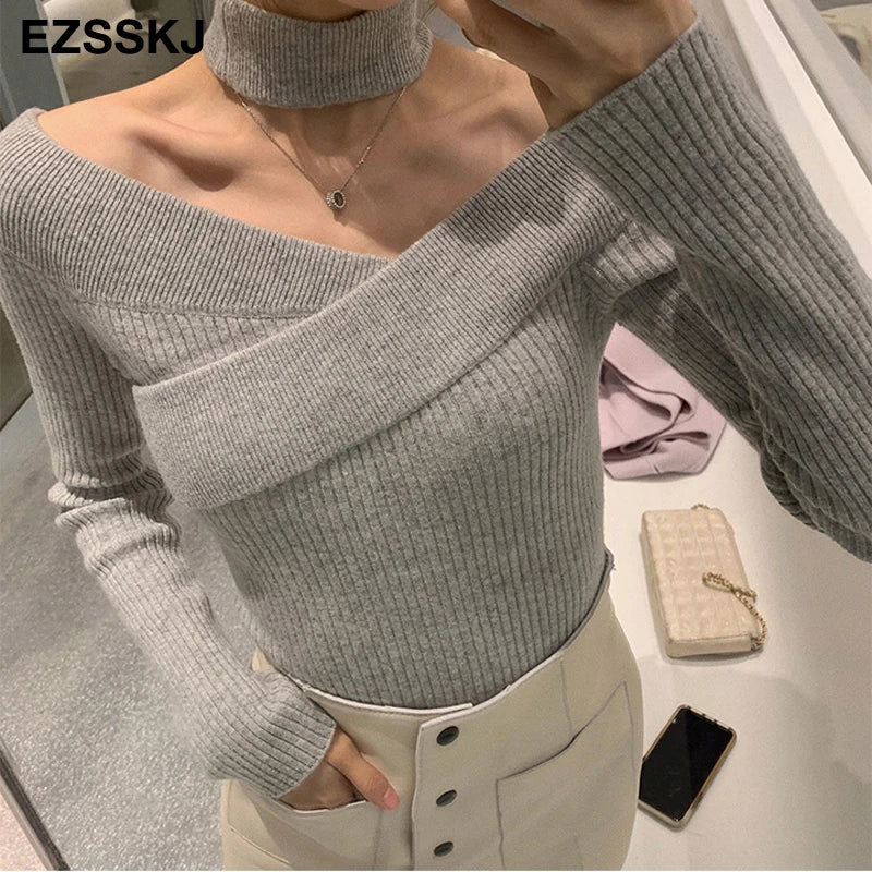 Slim Sexy Bib Sweater Pullovers Women Winter Autumn Female 2021 Sweater Long Sleeve Sweater Top Slash Sweater