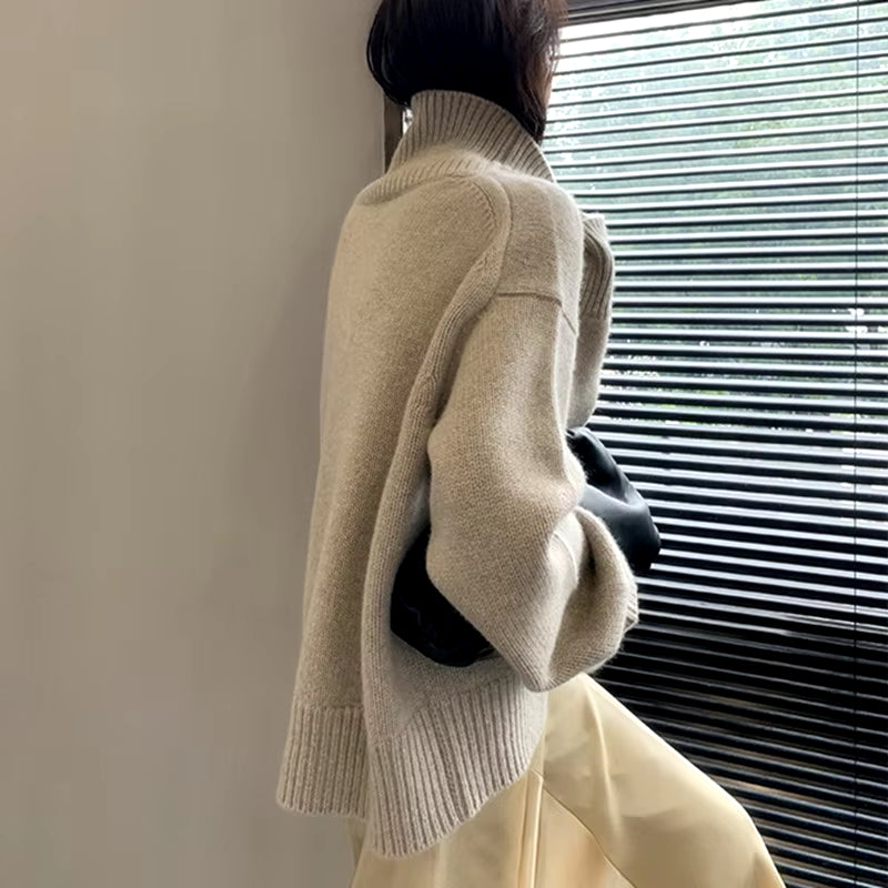 2023 Autumn Winter 100% Wool New Thicked Women High Neck Pullover Sweater Warm Loose Knitted Base Sweater Jacket Tops