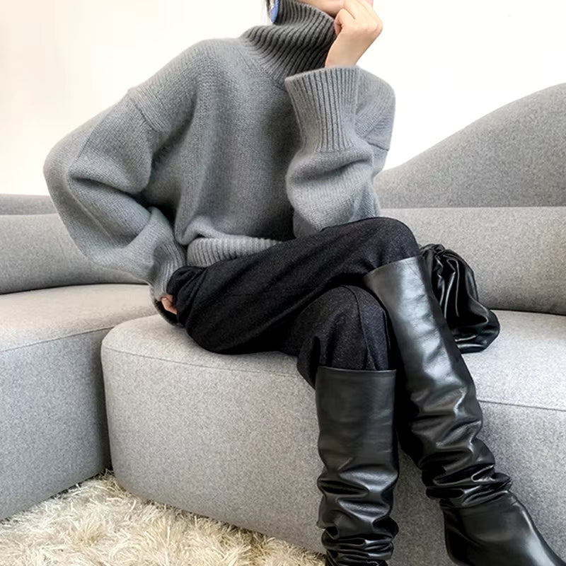 2023 Autumn Winter 100% Wool New Thicked Women High Neck Pullover Sweater Warm Loose Knitted Base Sweater Jacket Tops