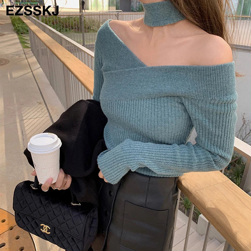 Slim Sexy Bib Sweater Pullovers Women Winter Autumn Female 2021 Sweater Long Sleeve Sweater Top Slash Sweater