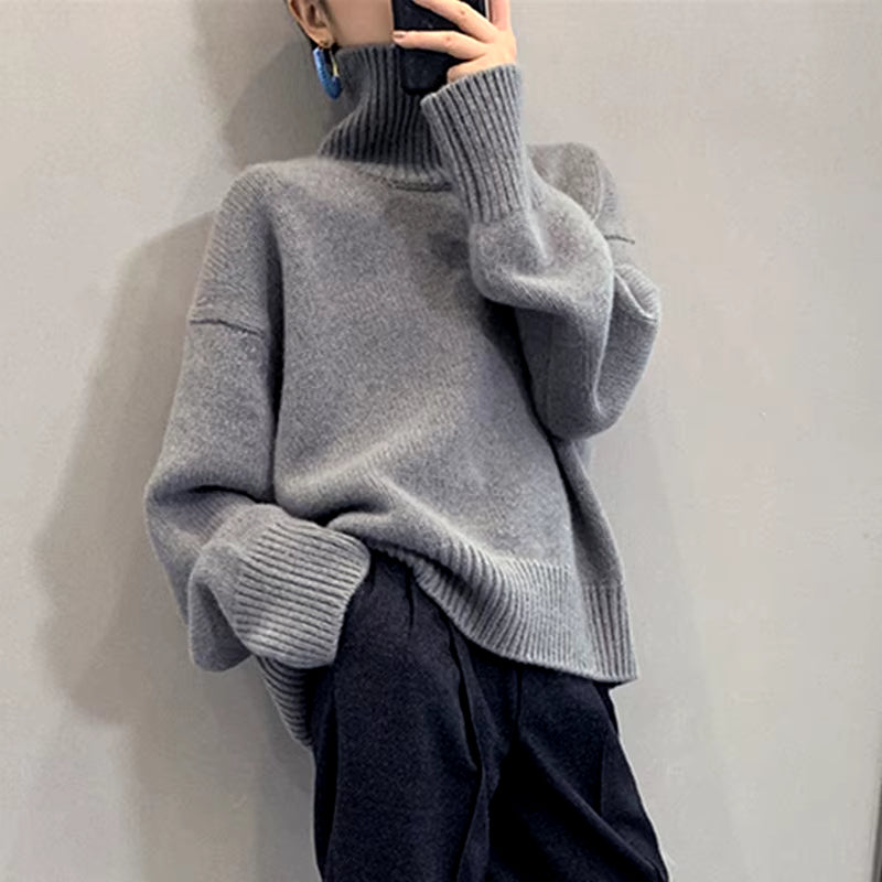 2023 Autumn Winter 100% Wool New Thicked Women High Neck Pullover Sweater Warm Loose Knitted Base Sweater Jacket Tops